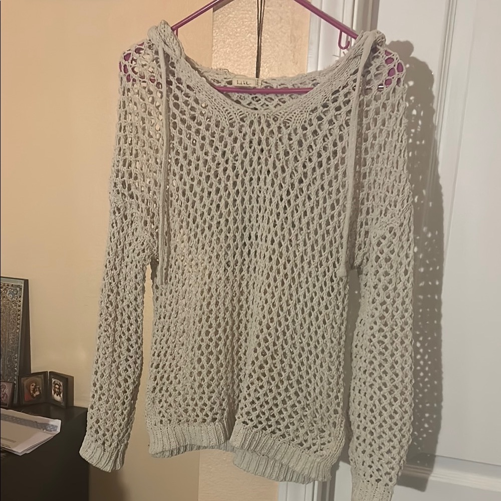 Cream Crew Neck Sweater with Open Knit Pattern and Relaxed Fit